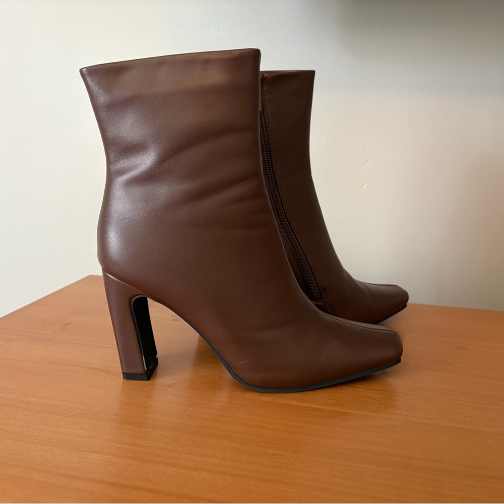 Dark brown, square toe tall ankle boot